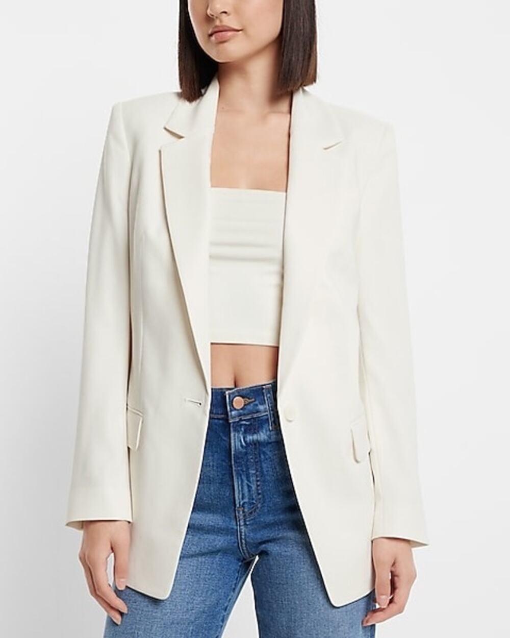 NWT Sz 8 Express Contour One Button Boyfriend Solid White Blazer Jacket Notch